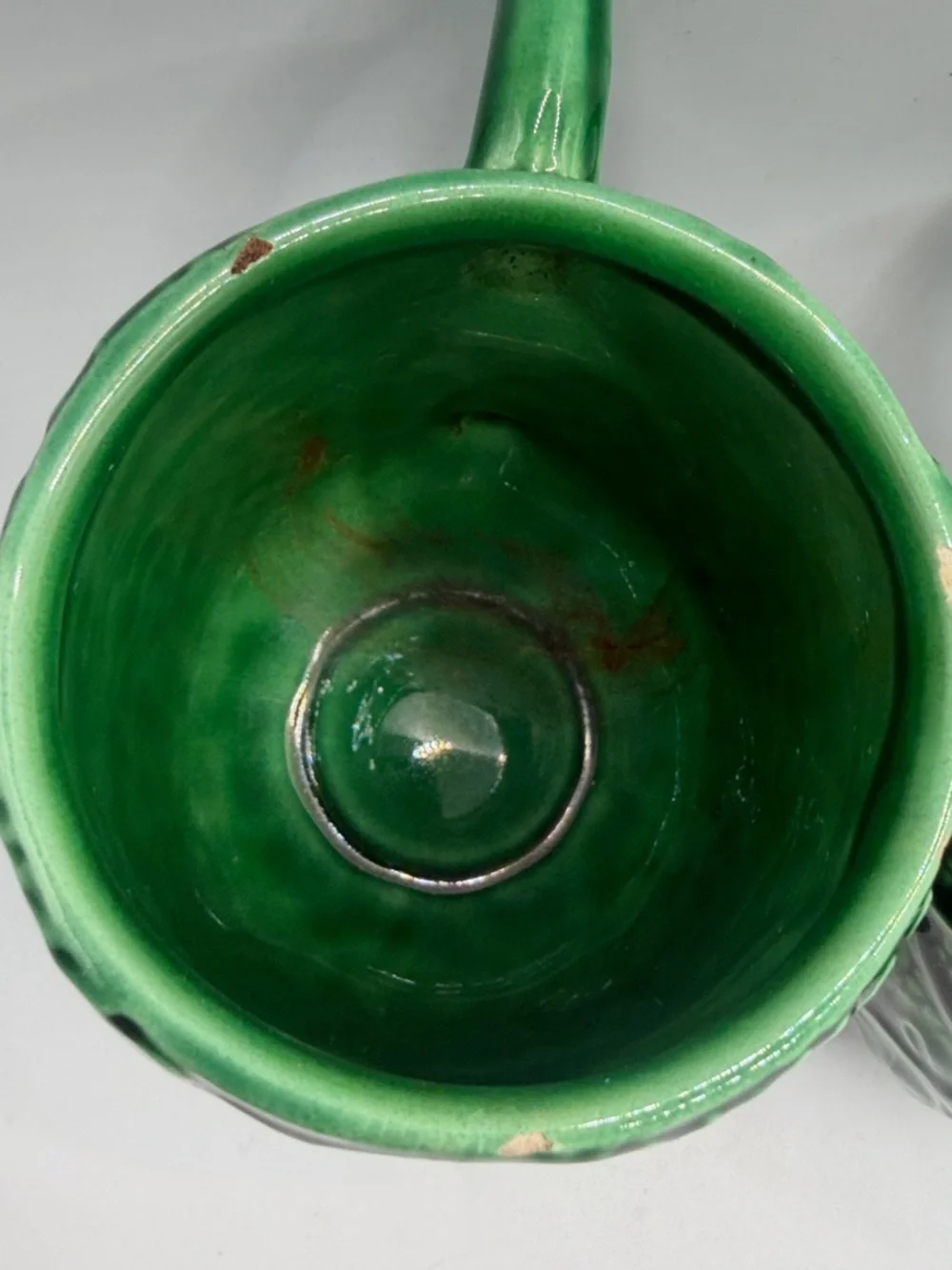 Pair Vintage Greenware Ceramic Majolica Leaf Mugs Cups Drinkware Cottagecore